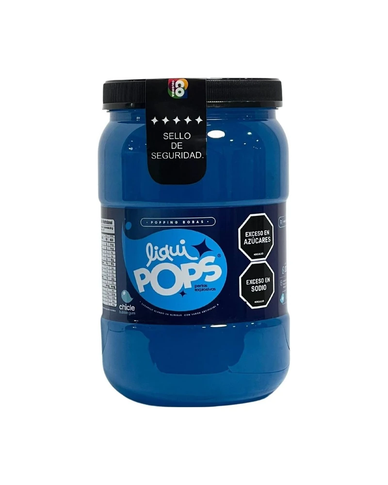 Tarro LiquiPops Chicle 1150g — perlas explosivas en almíbar, fondo blanco